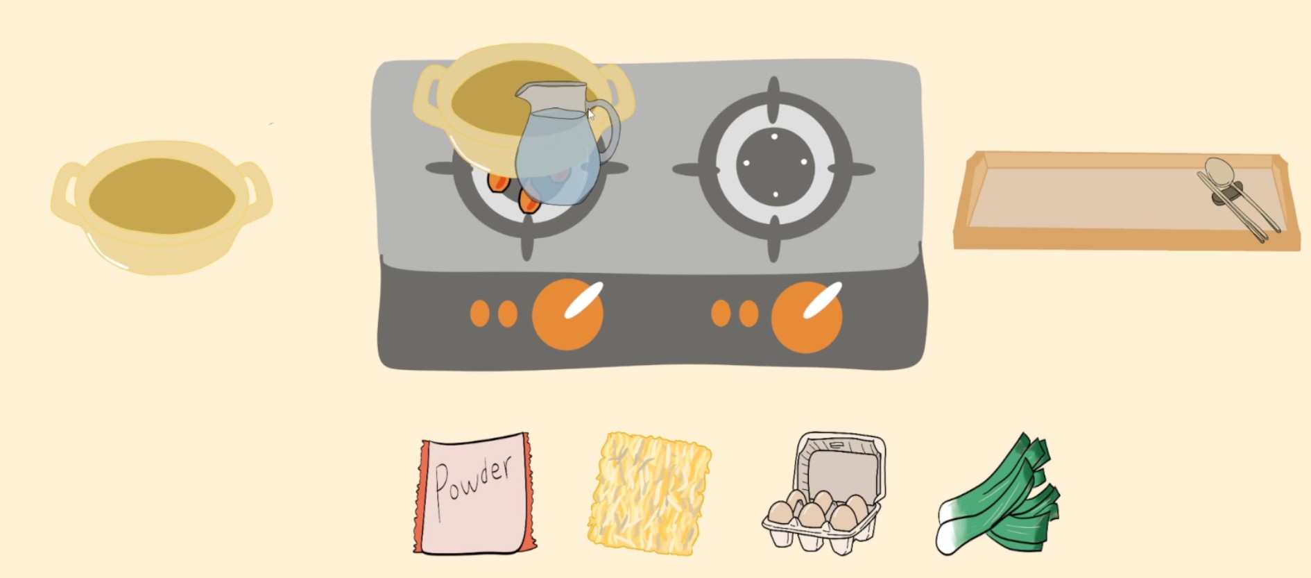 Ramyun ingredients and cooking station